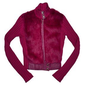 Y2K Red Rabbit Fur Knit Silk Cashmere Full Zip Sweater Jacket Women's Size Small